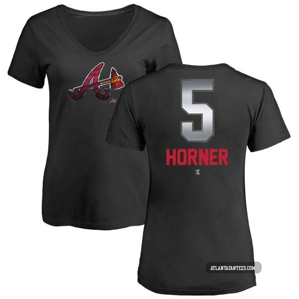 Bob Horner ＃5 Atlanta Braves Women's Black Midnight Mascot V-Neck T-Shirt -