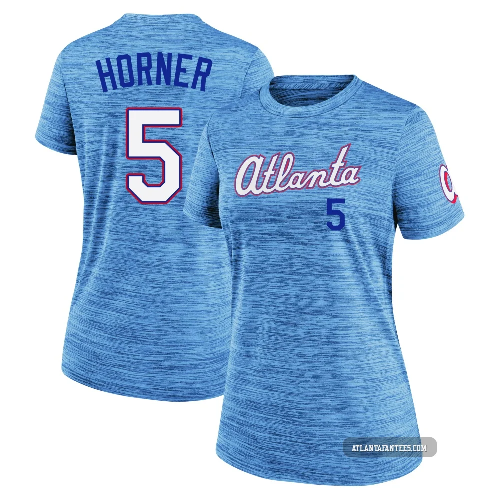 Bob Horner ＃5 Atlanta Braves Women's Blue Powder 2026 City Connect Game Day Velocity Name & Number T-Shirt