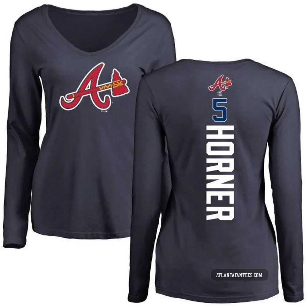 Bob Horner ＃5 Atlanta Braves Women's Navy Backer Slim Fit Long Sleeve T-Shirt -