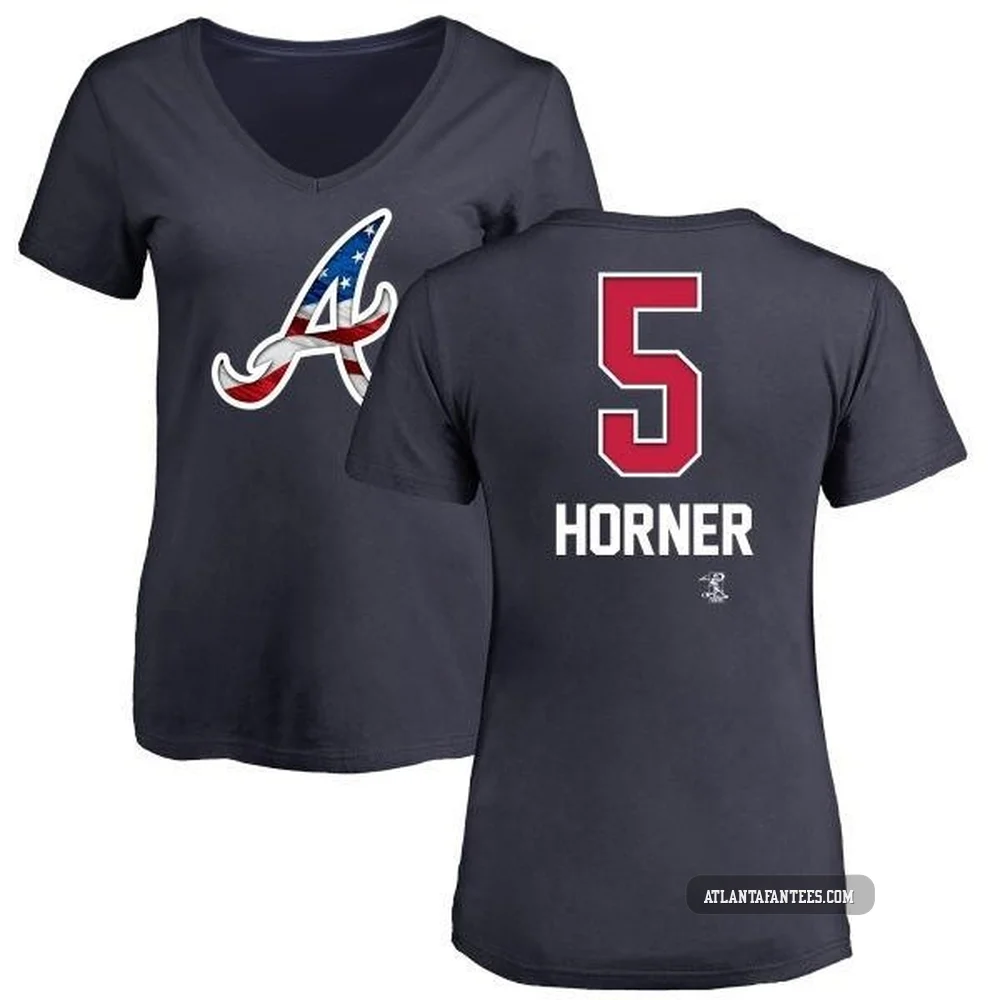 Bob Horner ＃5 Atlanta Braves Women's Navy Name and Number Banner Wave V-Neck T-Shirt -